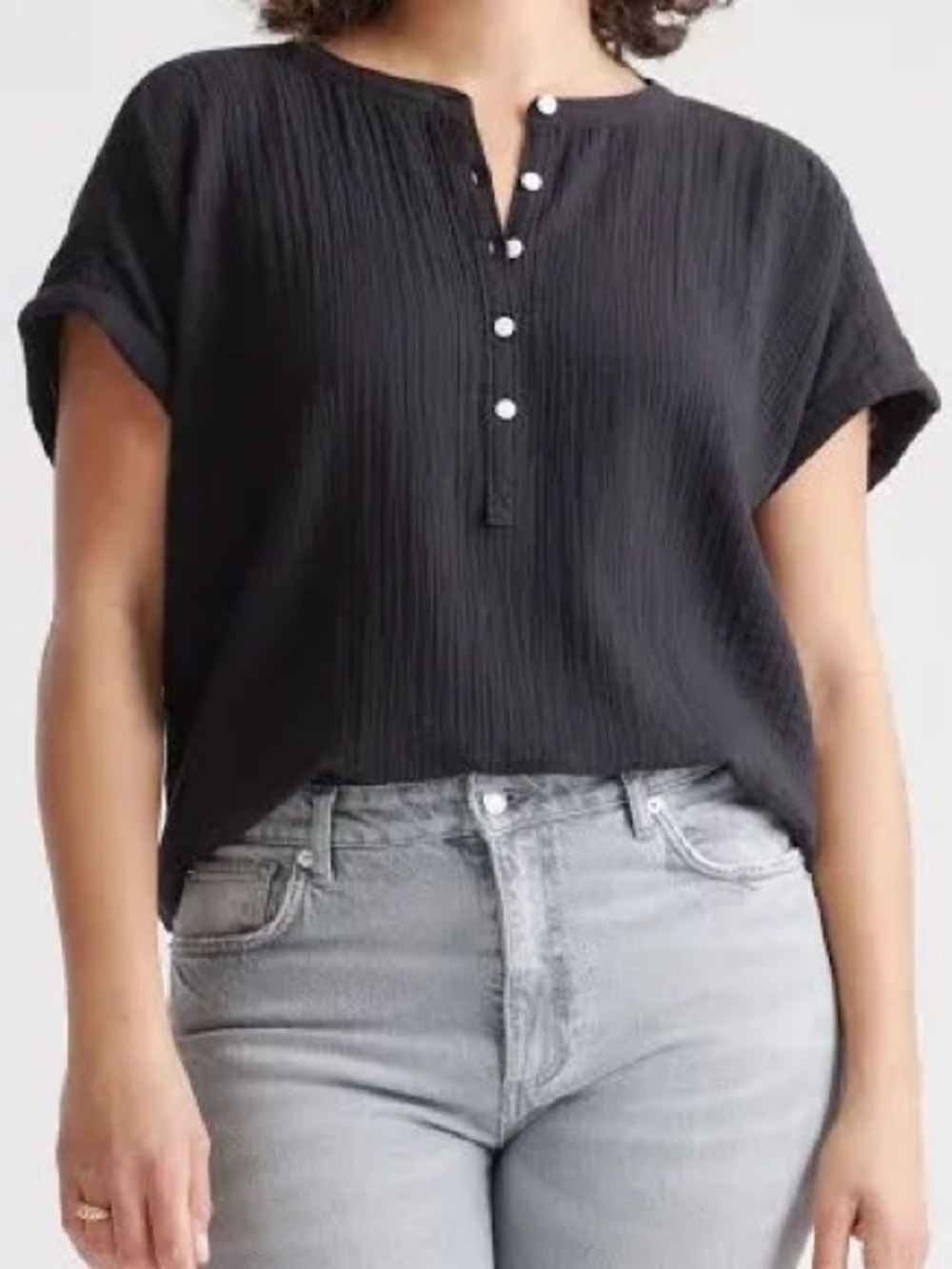 QUINCE 100% Organic Cotton Gauze Roll Sleeve Shirt Black LARGE NWT